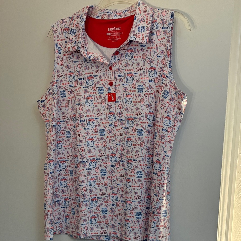 Sleeveless Collared Polo - Patriotic Red/Blue Print